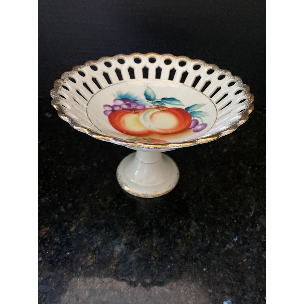 Ucago Ceramic Reticulated 6"  Footed Compote Dish, Gold Rimmed with Hand Painted